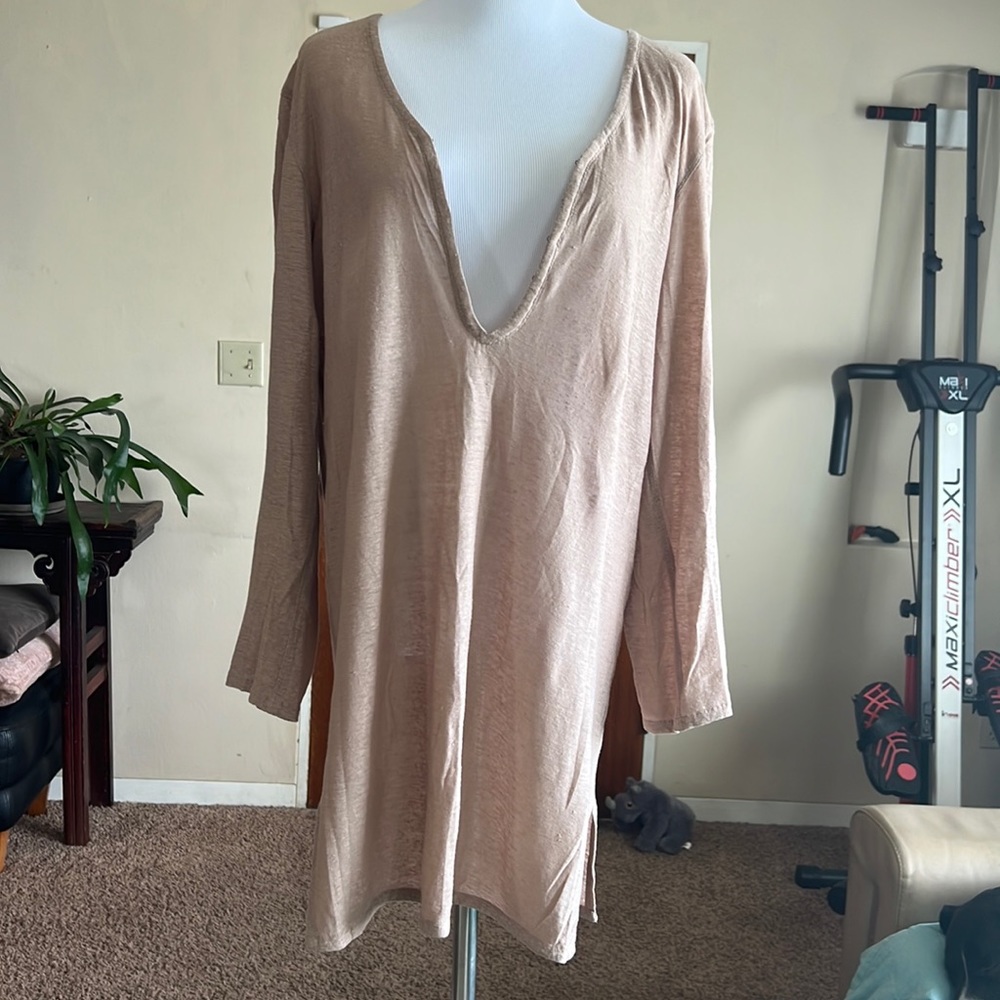 Like New Brochu Walker Linen/Silk Tunic Shirt Dress Medium Tan